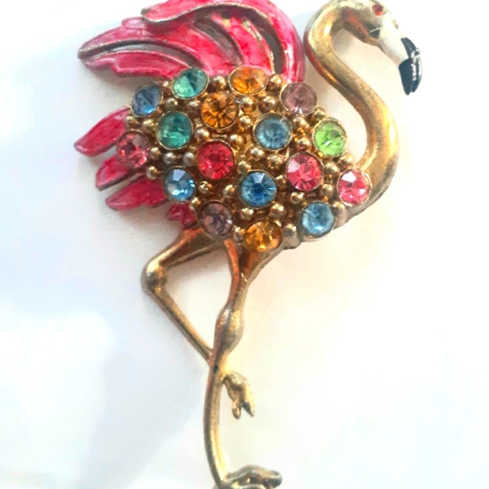 Vtg Large Pot Metal Rhinestone Enamel Flamingo Pin Brooch